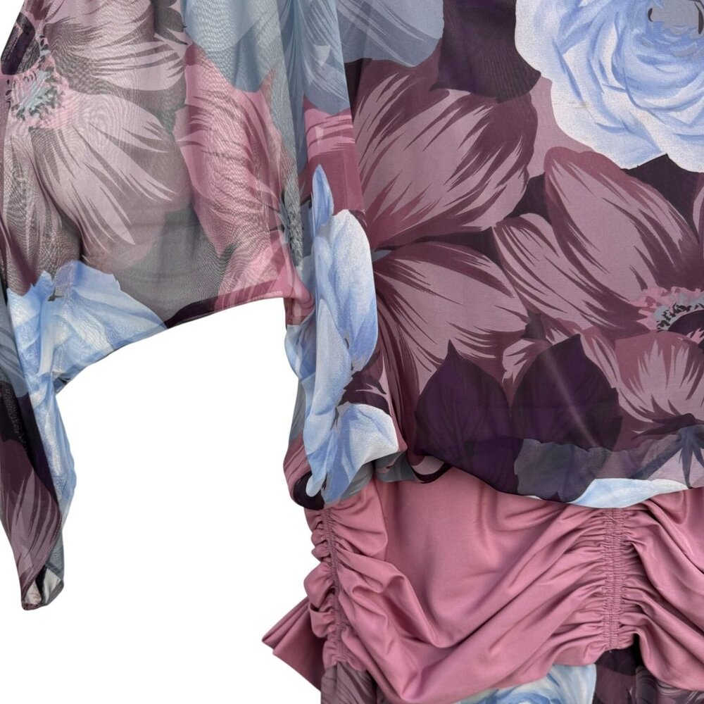 Floral Asymmetric Draped Bow Dress 16 VTG 80s Sheer Purple Blue Ruched Maiello - Picture 6 of 7